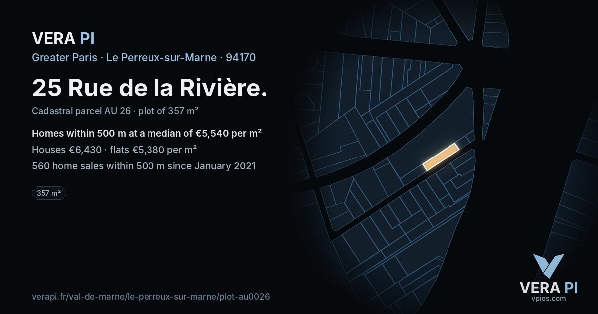 25 Rue de la Rivière, Le Perreux-sur-Marne at night – the plot lit, the parcels around coloured by the prices near them