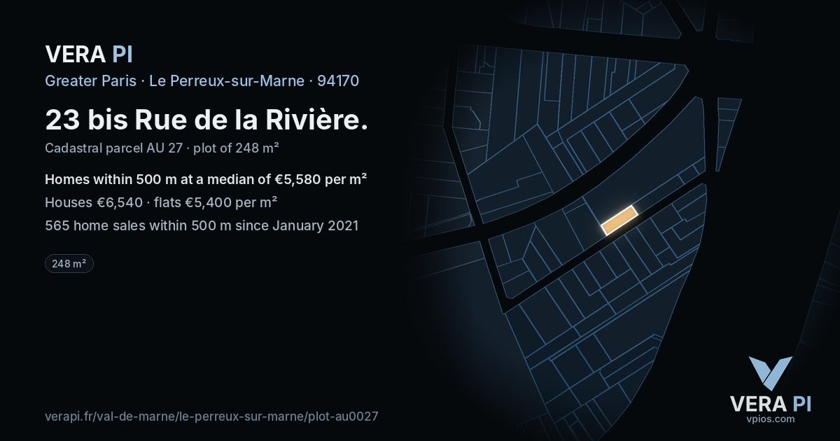 23 bis Rue de la Rivière, Le Perreux-sur-Marne at night – the plot lit, the parcels around coloured by the prices near them