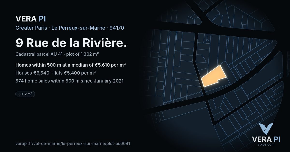 9 Rue de la Rivière, Le Perreux-sur-Marne at night – the plot lit, the parcels around coloured by the prices near them