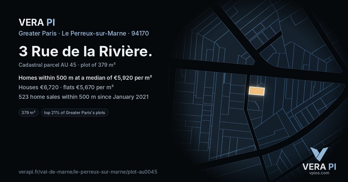 3 Rue de la Rivière, Le Perreux-sur-Marne at night – the plot lit, the parcels around coloured by the prices near them
