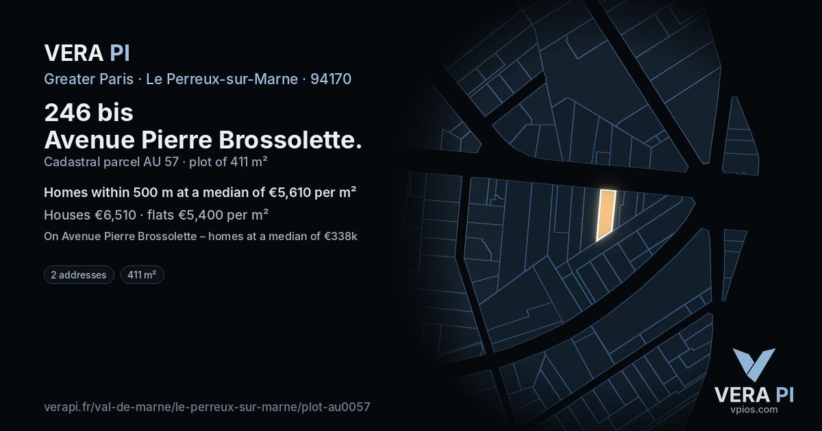 246 bis Avenue Pierre Brossolette, Le Perreux-sur-Marne at night – the plot lit, the parcels around coloured by the prices near them