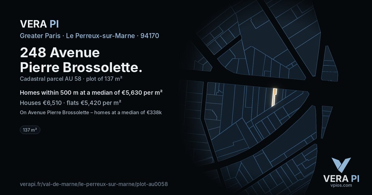 248 Avenue Pierre Brossolette, Le Perreux-sur-Marne at night – the plot lit, the parcels around coloured by the prices near them