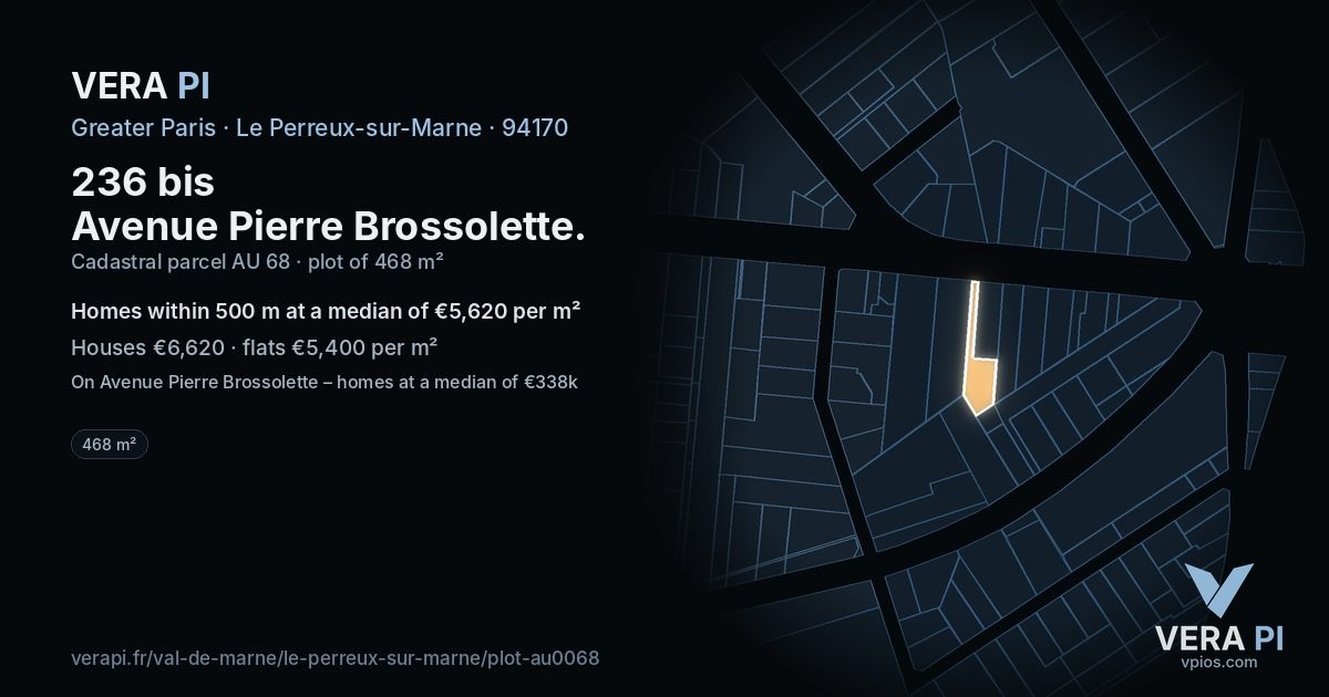 236 bis Avenue Pierre Brossolette, Le Perreux-sur-Marne at night – the plot lit, the parcels around coloured by the prices near them