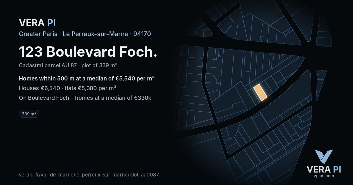 123 Boulevard Foch, Le Perreux-sur-Marne at night – the plot lit, the parcels around coloured by the prices near them