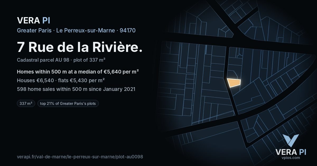 7 Rue de la Rivière, Le Perreux-sur-Marne at night – the plot lit, the parcels around coloured by the prices near them