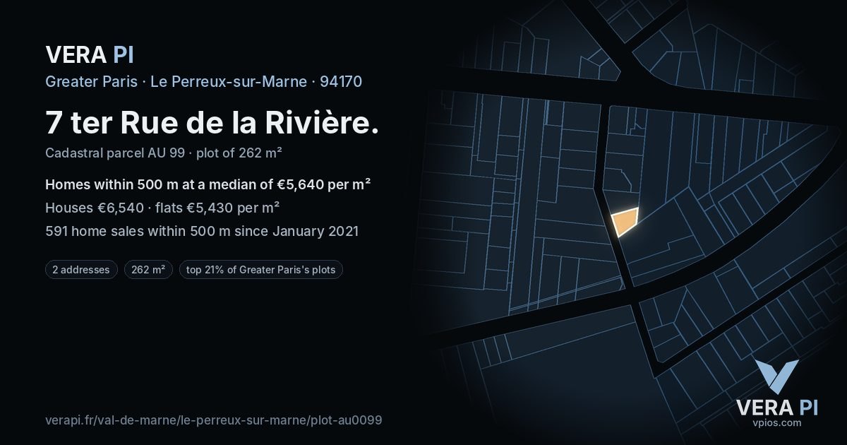 7 ter Rue de la Rivière, Le Perreux-sur-Marne at night – the plot lit, the parcels around coloured by the prices near them