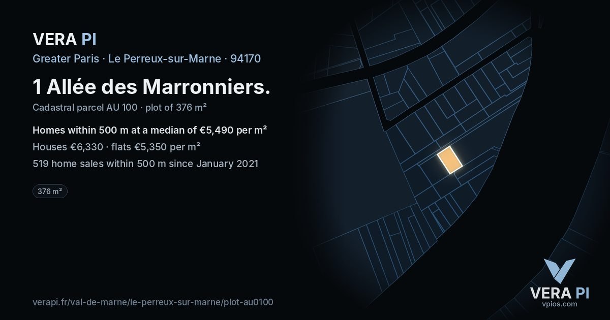 1 Allée des Marronniers, Le Perreux-sur-Marne at night – the plot lit, the parcels around coloured by the prices near them