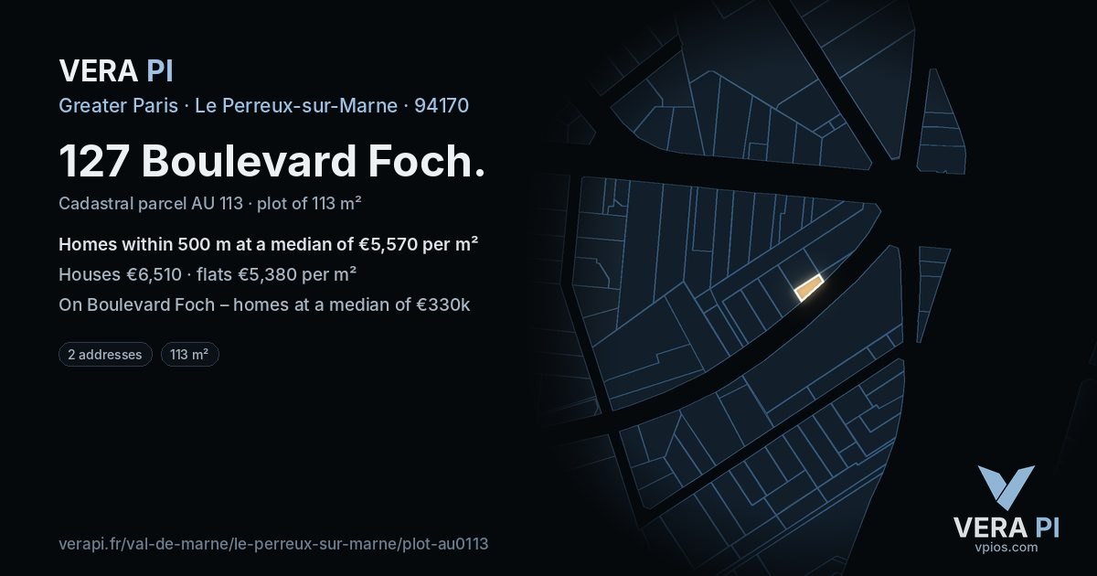 127 Boulevard Foch, Le Perreux-sur-Marne at night – the plot lit, the parcels around coloured by the prices near them