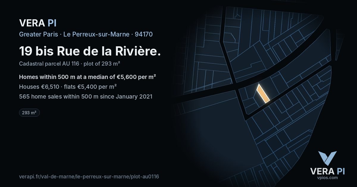 19 bis Rue de la Rivière, Le Perreux-sur-Marne at night – the plot lit, the parcels around coloured by the prices near them