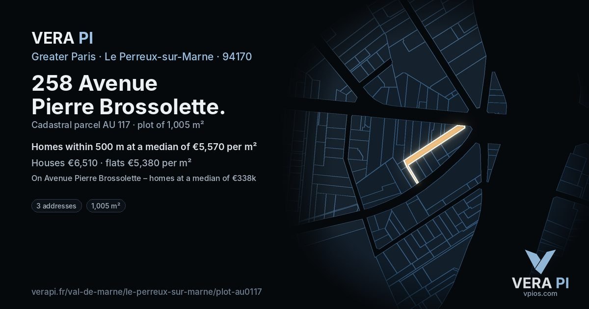 258 Avenue Pierre Brossolette, Le Perreux-sur-Marne at night – the plot lit, the parcels around coloured by the prices near them