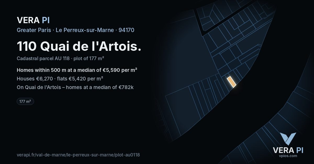 110 Quai de l'Artois, Le Perreux-sur-Marne at night – the plot lit, the parcels around coloured by the prices near them