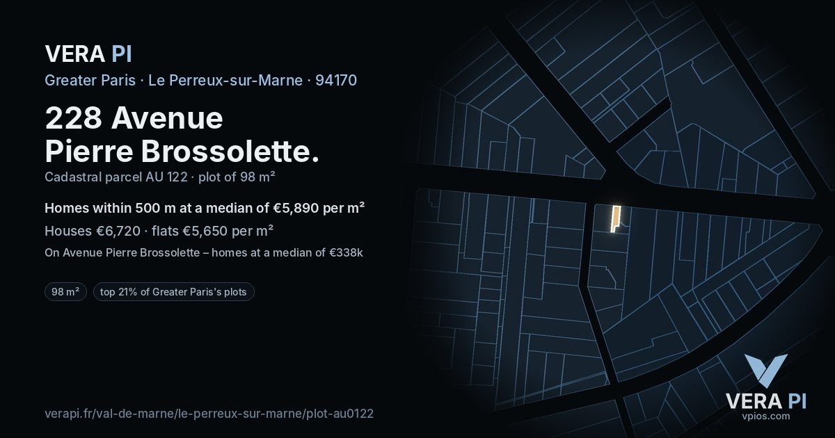 228 Avenue Pierre Brossolette, Le Perreux-sur-Marne at night – the plot lit, the parcels around coloured by the prices near them