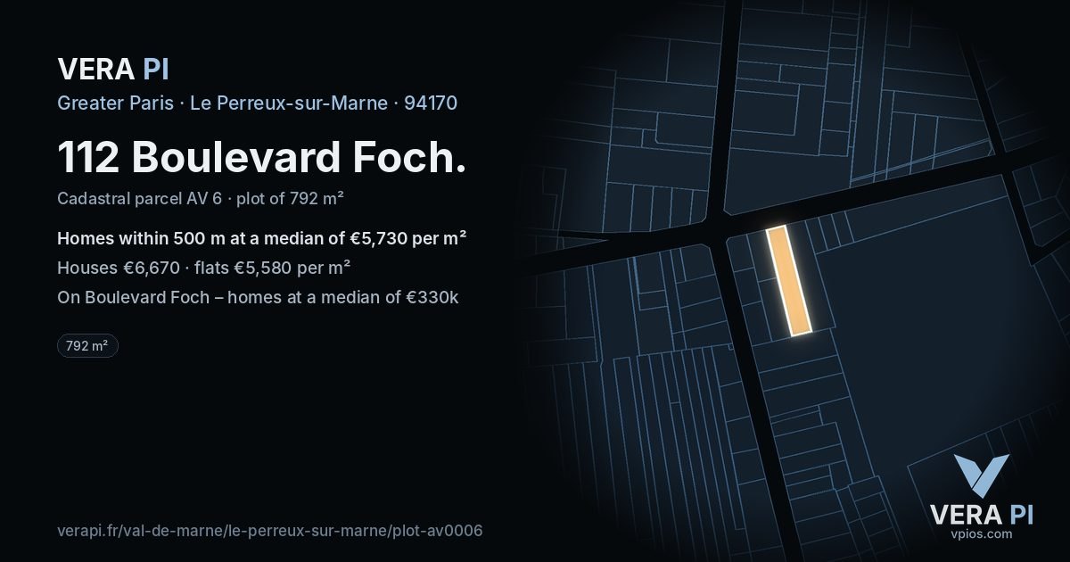 112 Boulevard Foch, Le Perreux-sur-Marne at night – the plot lit, the parcels around coloured by the prices near them