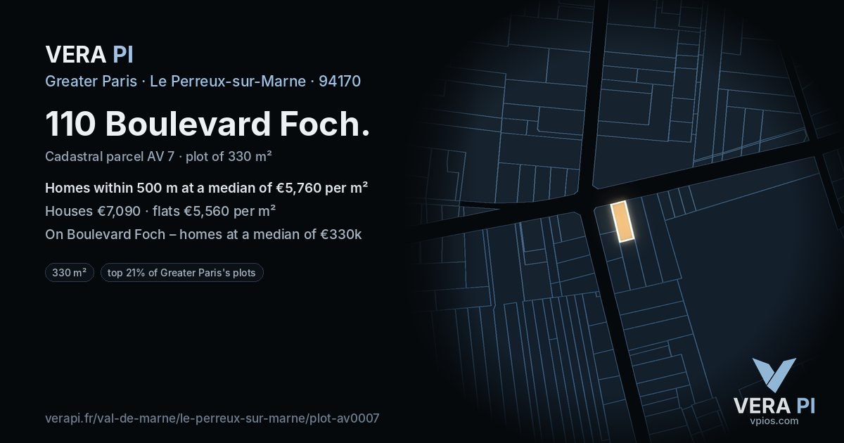 110 Boulevard Foch, Le Perreux-sur-Marne at night – the plot lit, the parcels around coloured by the prices near them