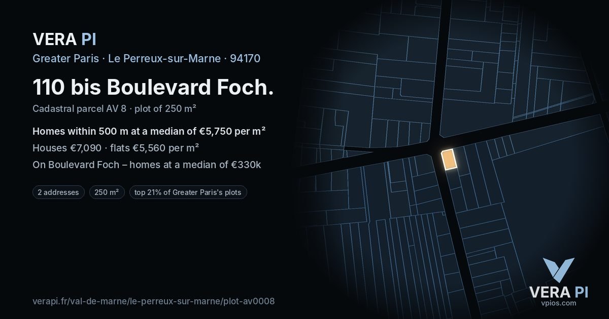 110 bis Boulevard Foch, Le Perreux-sur-Marne at night – the plot lit, the parcels around coloured by the prices near them