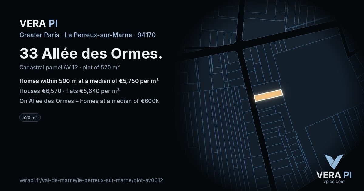 33 Allée des Ormes, Le Perreux-sur-Marne at night – the plot lit, the parcels around coloured by the prices near them