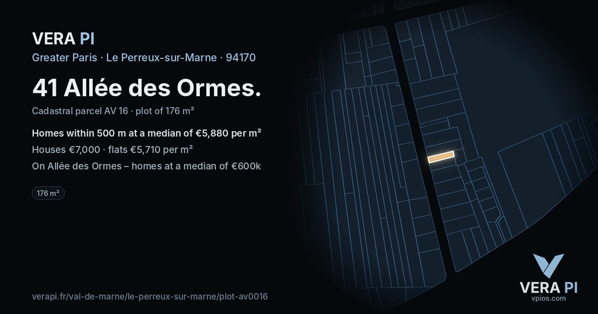 41 Allée des Ormes, Le Perreux-sur-Marne at night – the plot lit, the parcels around coloured by the prices near them