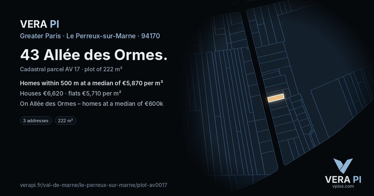 43 Allée des Ormes, Le Perreux-sur-Marne at night – the plot lit, the parcels around coloured by the prices near them