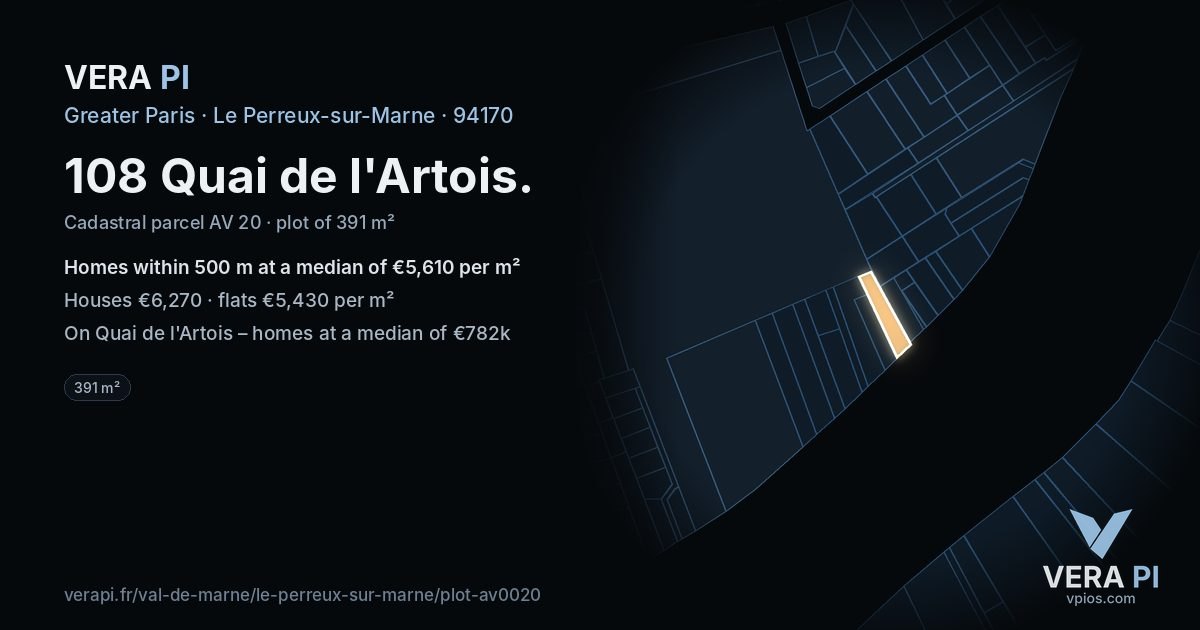 108 Quai de l'Artois, Le Perreux-sur-Marne at night – the plot lit, the parcels around coloured by the prices near them
