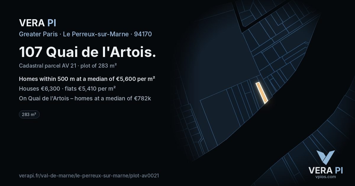 107 Quai de l'Artois, Le Perreux-sur-Marne at night – the plot lit, the parcels around coloured by the prices near them