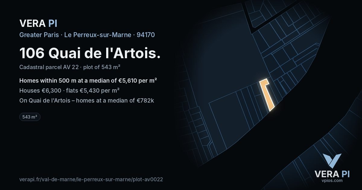 106 Quai de l'Artois, Le Perreux-sur-Marne at night – the plot lit, the parcels around coloured by the prices near them
