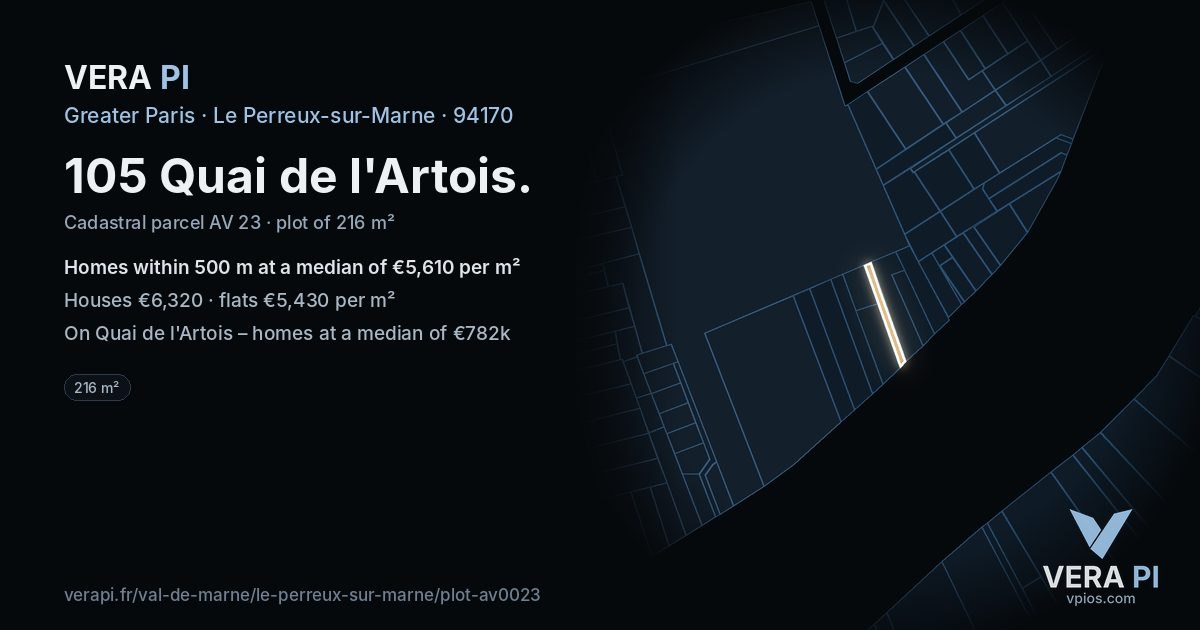 105 Quai de l'Artois, Le Perreux-sur-Marne at night – the plot lit, the parcels around coloured by the prices near them