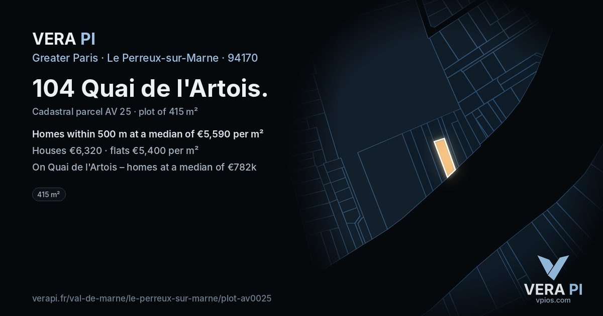 104 Quai de l'Artois, Le Perreux-sur-Marne at night – the plot lit, the parcels around coloured by the prices near them