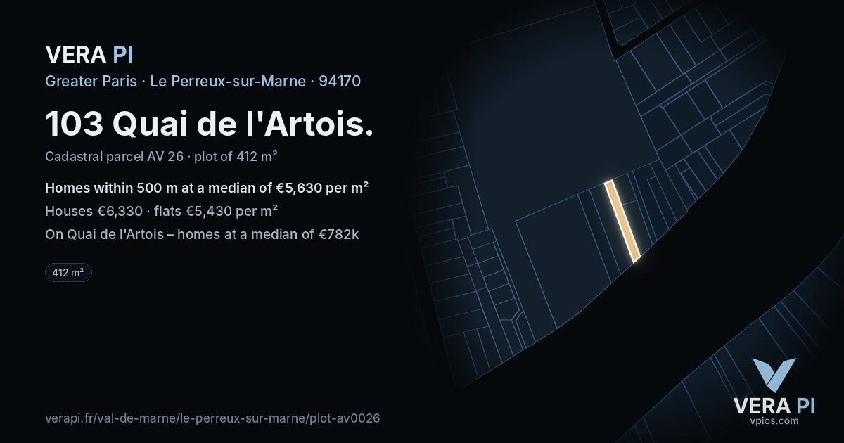 103 Quai de l'Artois, Le Perreux-sur-Marne at night – the plot lit, the parcels around coloured by the prices near them