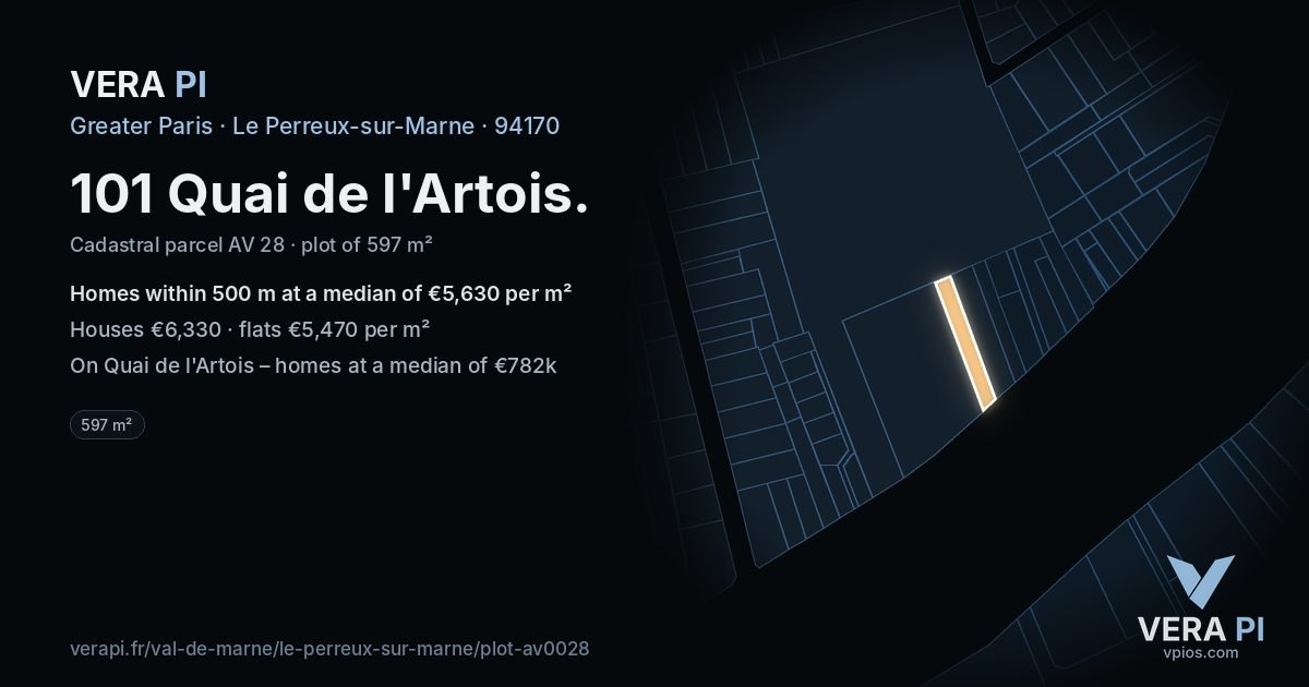 101 Quai de l'Artois, Le Perreux-sur-Marne at night – the plot lit, the parcels around coloured by the prices near them
