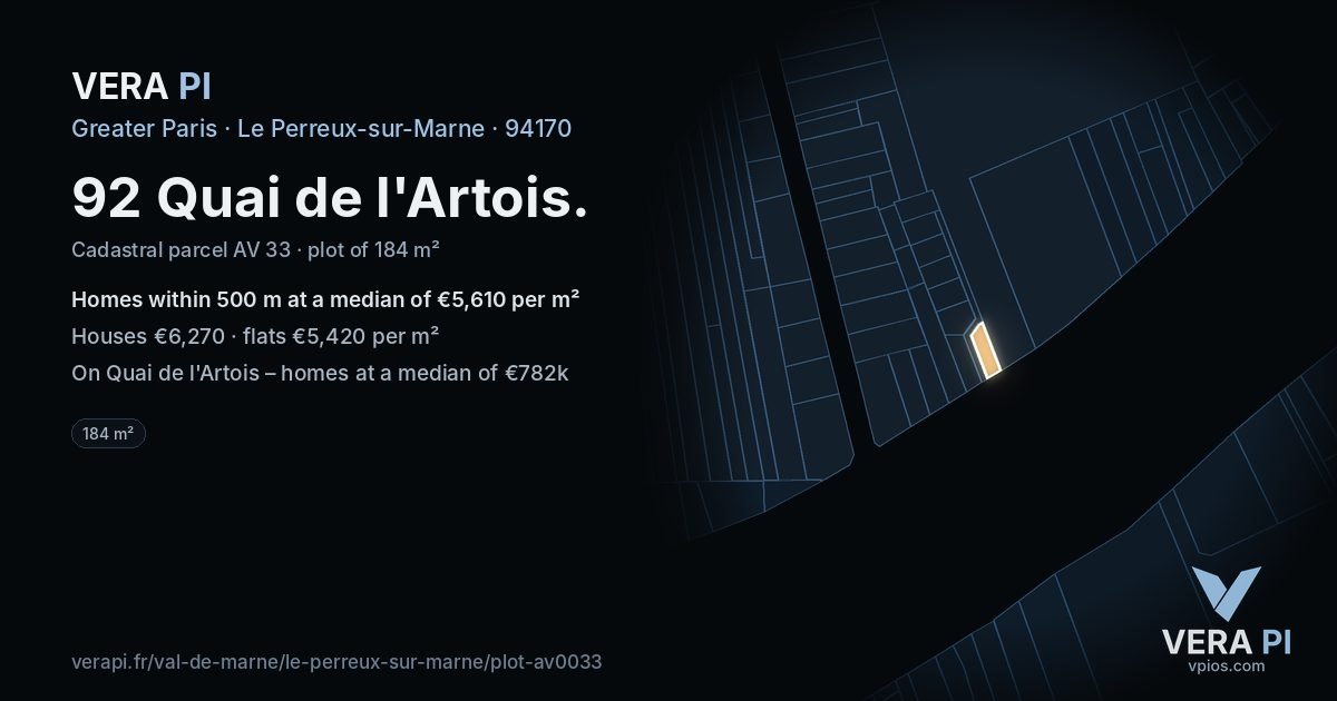 92 Quai de l'Artois, Le Perreux-sur-Marne at night – the plot lit, the parcels around coloured by the prices near them