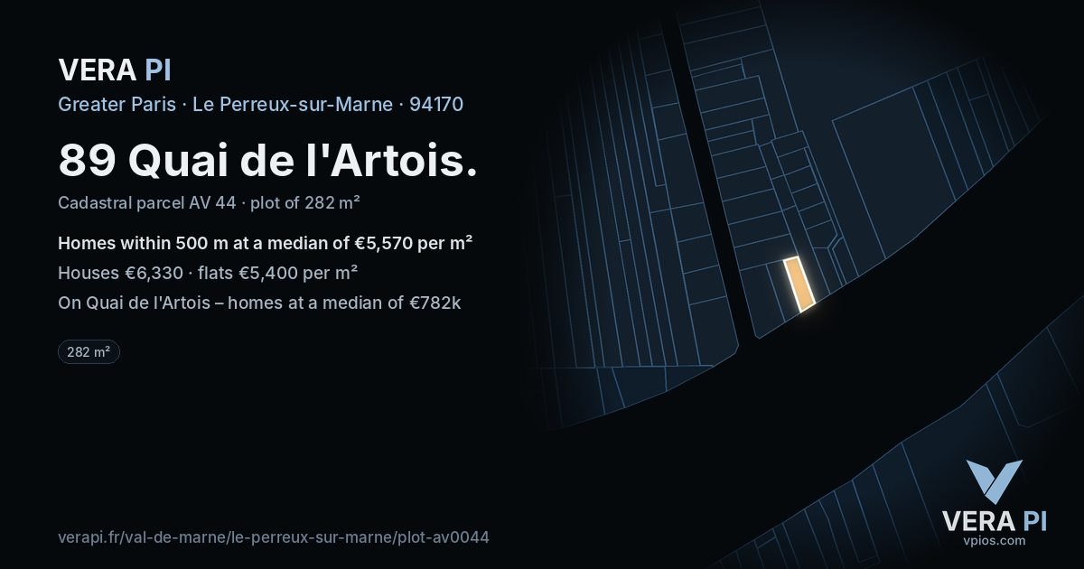 89 Quai de l'Artois, Le Perreux-sur-Marne at night – the plot lit, the parcels around coloured by the prices near them