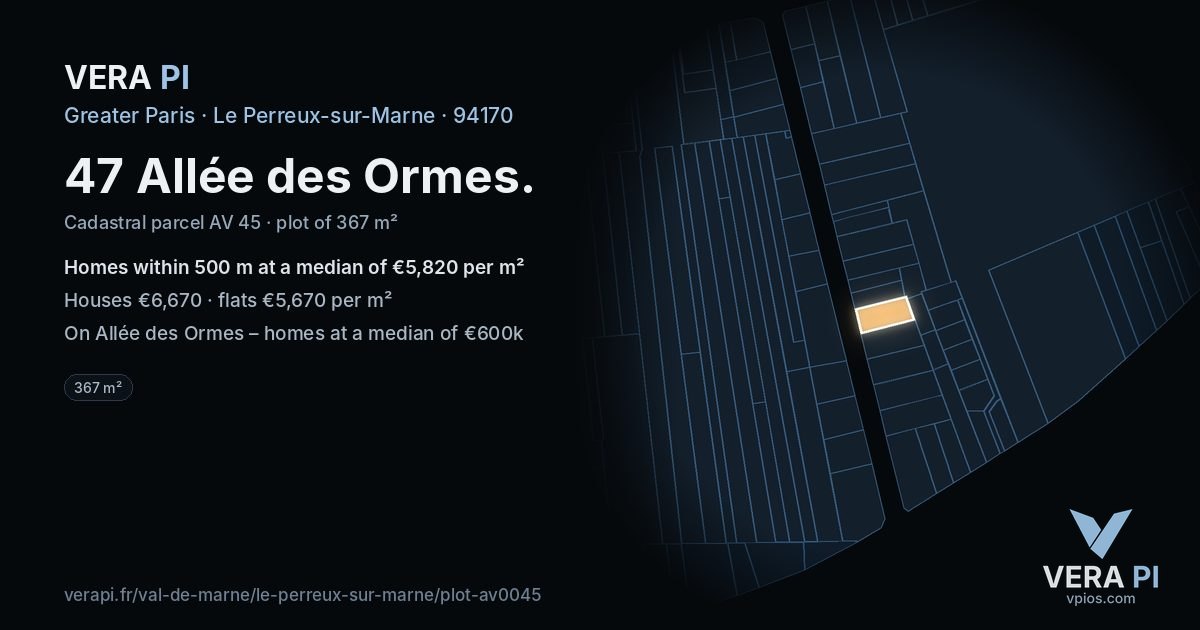 47 Allée des Ormes, Le Perreux-sur-Marne at night – the plot lit, the parcels around coloured by the prices near them