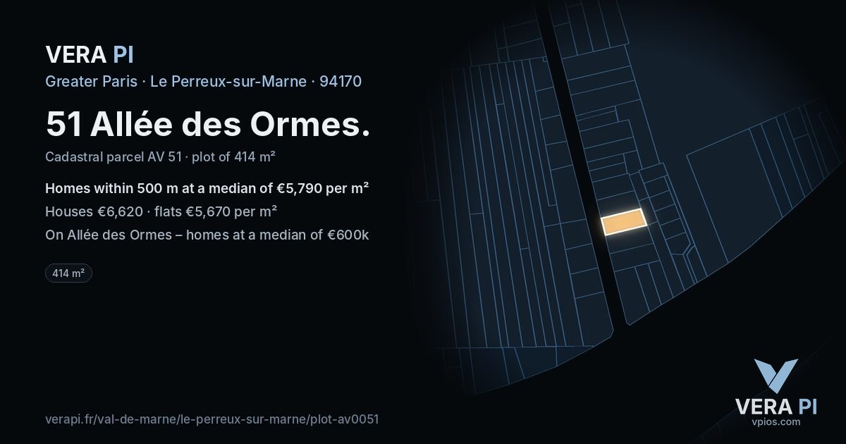 51 Allée des Ormes, Le Perreux-sur-Marne at night – the plot lit, the parcels around coloured by the prices near them