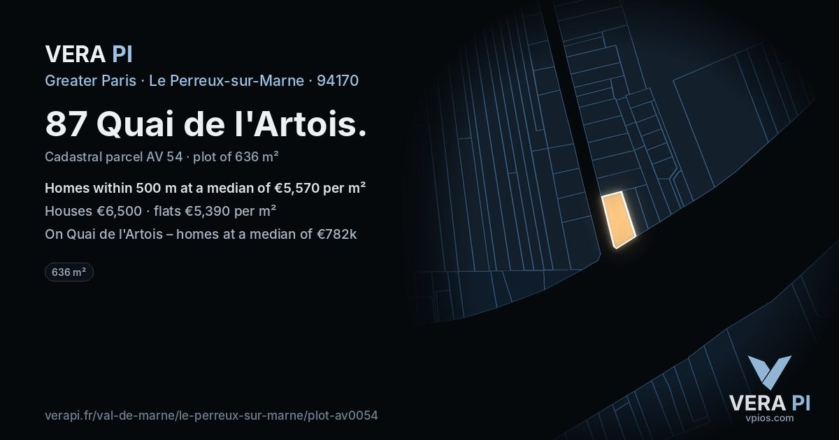 87 Quai de l'Artois, Le Perreux-sur-Marne at night – the plot lit, the parcels around coloured by the prices near them