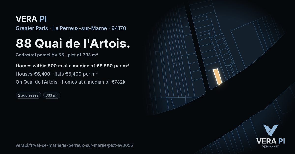 88 Quai de l'Artois, Le Perreux-sur-Marne at night – the plot lit, the parcels around coloured by the prices near them
