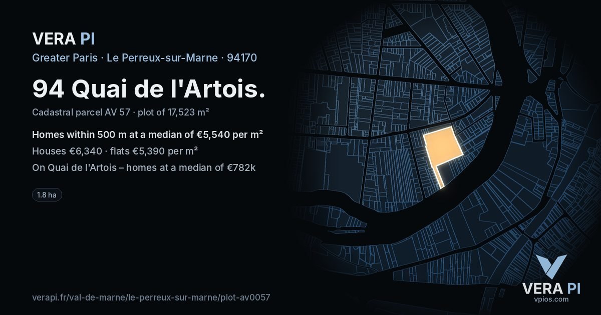 94 Quai de l'Artois, Le Perreux-sur-Marne at night – the plot lit, the parcels around coloured by the prices near them