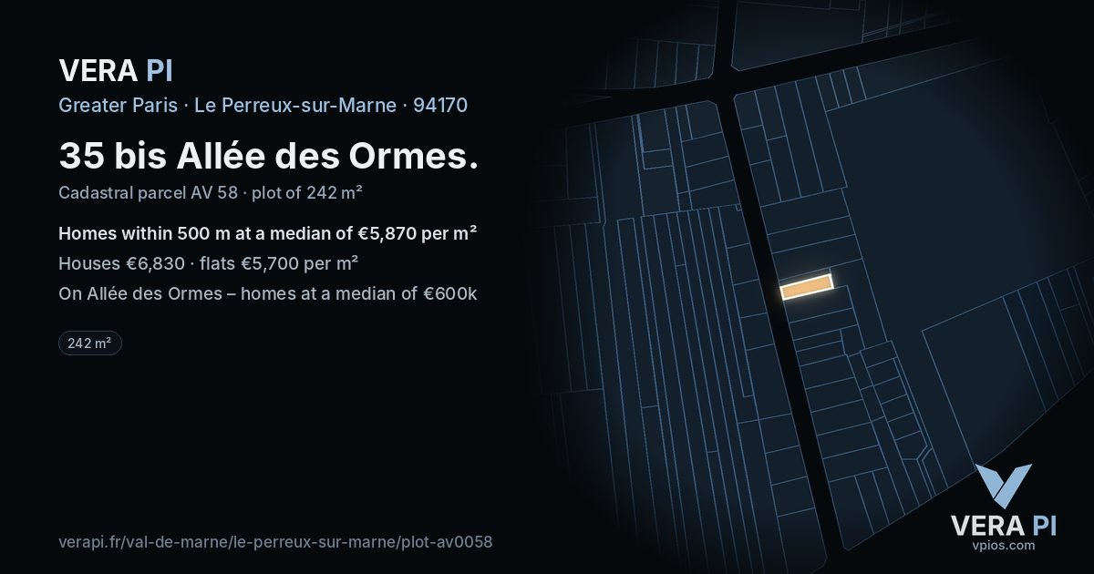 35 bis Allée des Ormes, Le Perreux-sur-Marne at night – the plot lit, the parcels around coloured by the prices near them