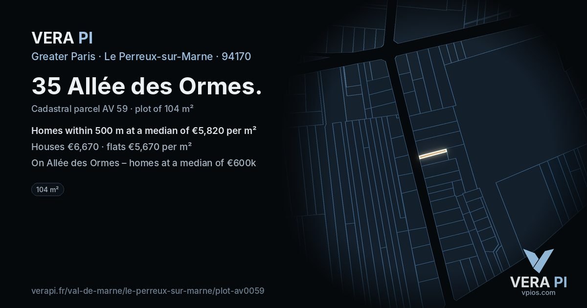 35 Allée des Ormes, Le Perreux-sur-Marne at night – the plot lit, the parcels around coloured by the prices near them