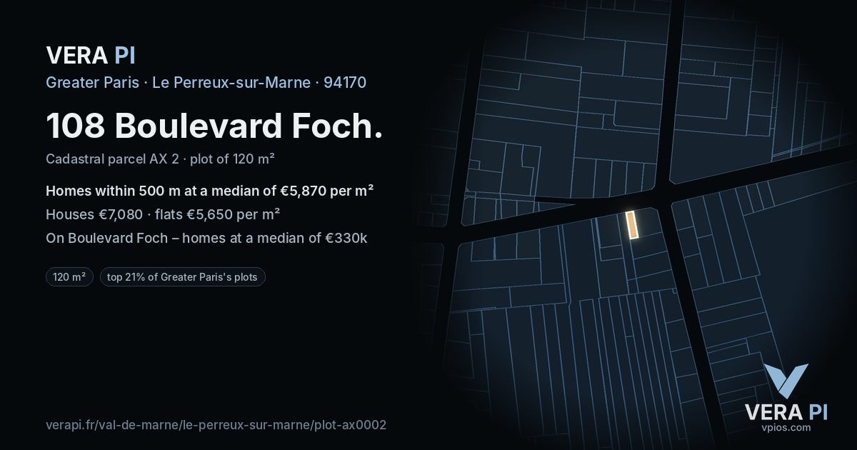 108 Boulevard Foch, Le Perreux-sur-Marne at night – the plot lit, the parcels around coloured by the prices near them