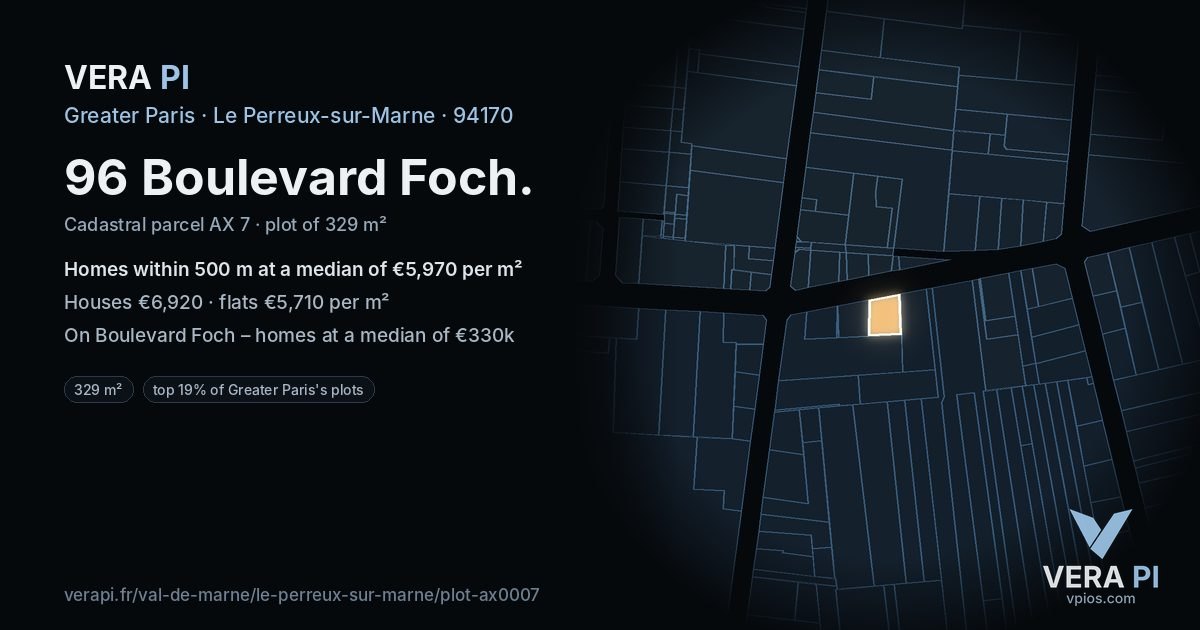 96 Boulevard Foch, Le Perreux-sur-Marne at night – the plot lit, the parcels around coloured by the prices near them