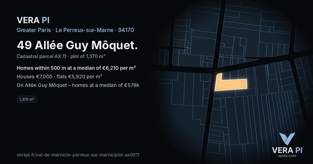 49 Allée Guy Môquet, Le Perreux-sur-Marne at night – the plot lit, the parcels around coloured by the prices near them