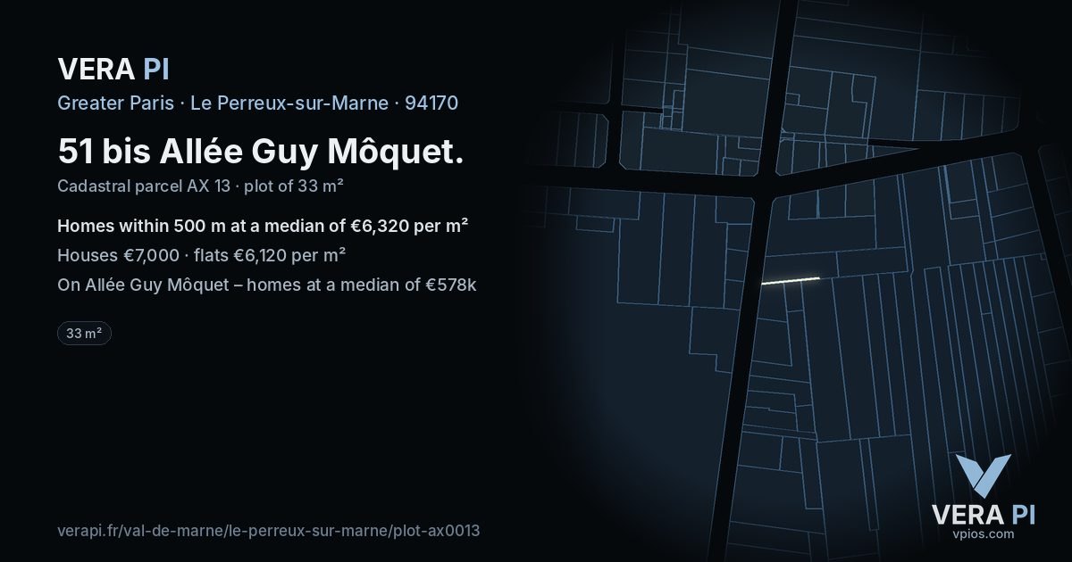 51 bis Allée Guy Môquet, Le Perreux-sur-Marne at night – the plot lit, the parcels around coloured by the prices near them