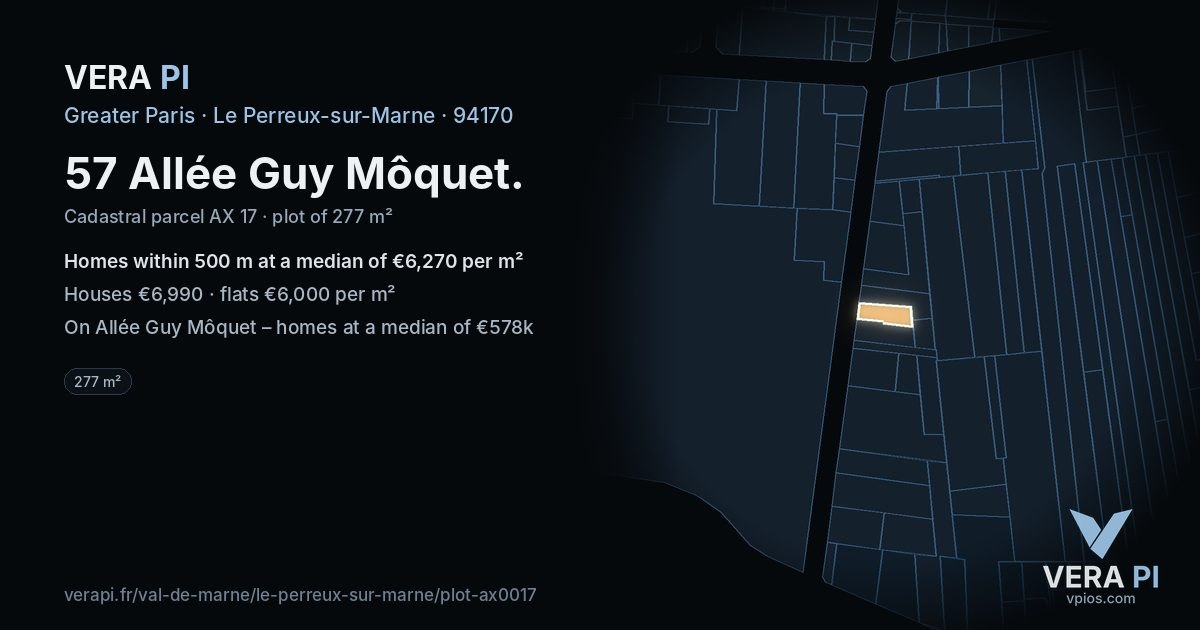 57 Allée Guy Môquet, Le Perreux-sur-Marne at night – the plot lit, the parcels around coloured by the prices near them