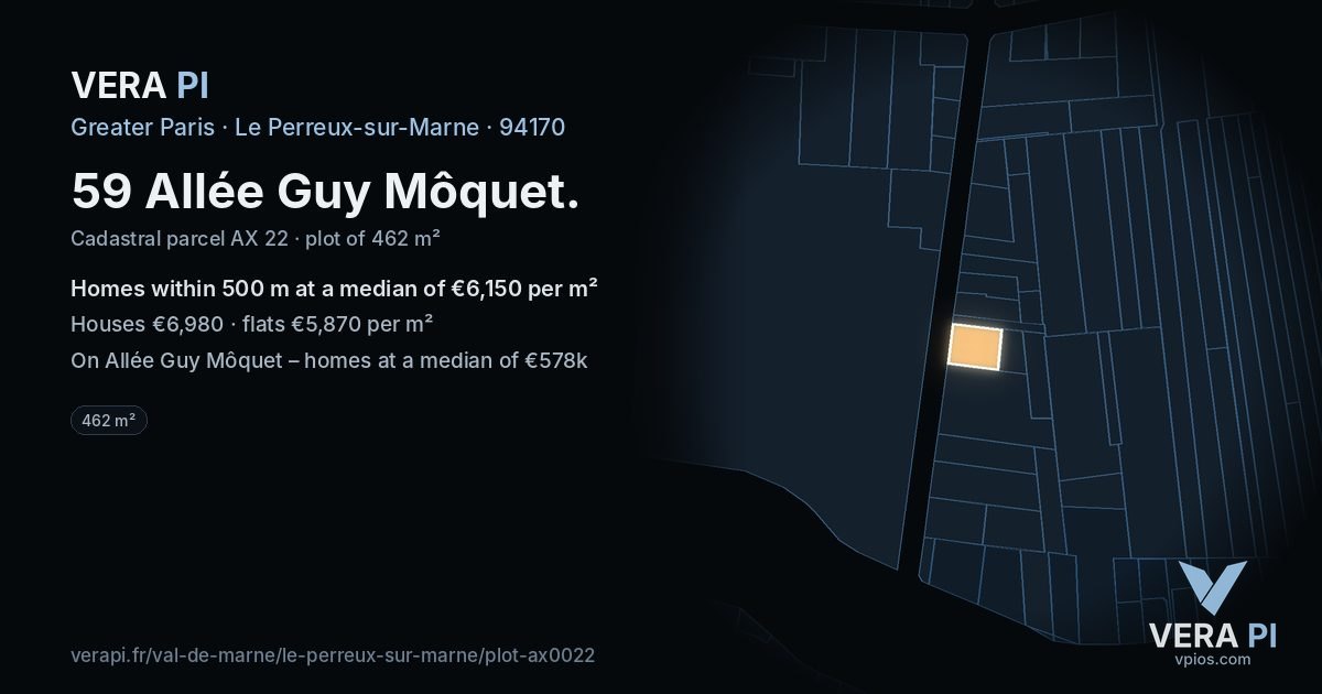 59 Allée Guy Môquet, Le Perreux-sur-Marne at night – the plot lit, the parcels around coloured by the prices near them