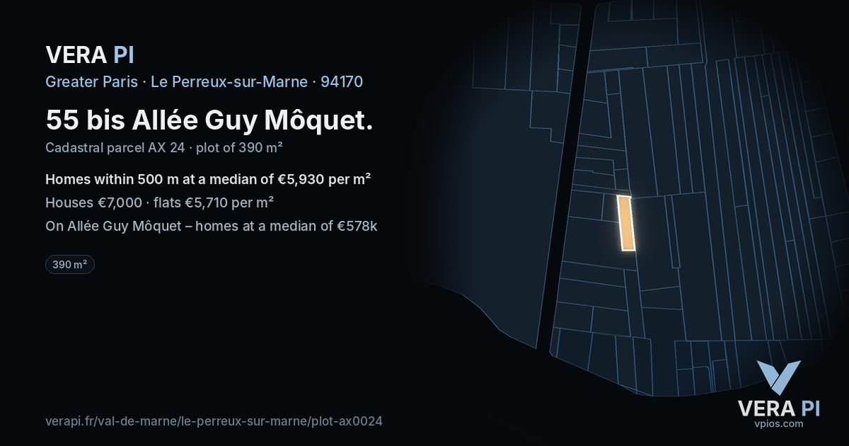 55 bis Allée Guy Môquet, Le Perreux-sur-Marne at night – the plot lit, the parcels around coloured by the prices near them