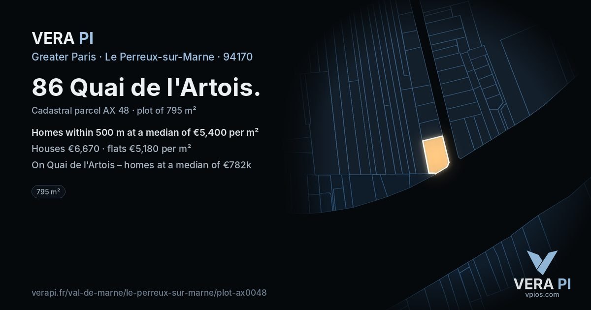 86 Quai de l'Artois, Le Perreux-sur-Marne at night – the plot lit, the parcels around coloured by the prices near them