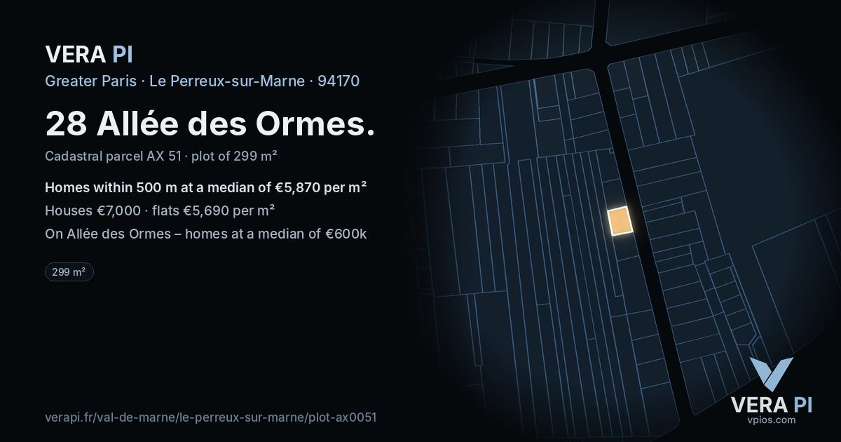 28 Allée des Ormes, Le Perreux-sur-Marne at night – the plot lit, the parcels around coloured by the prices near them