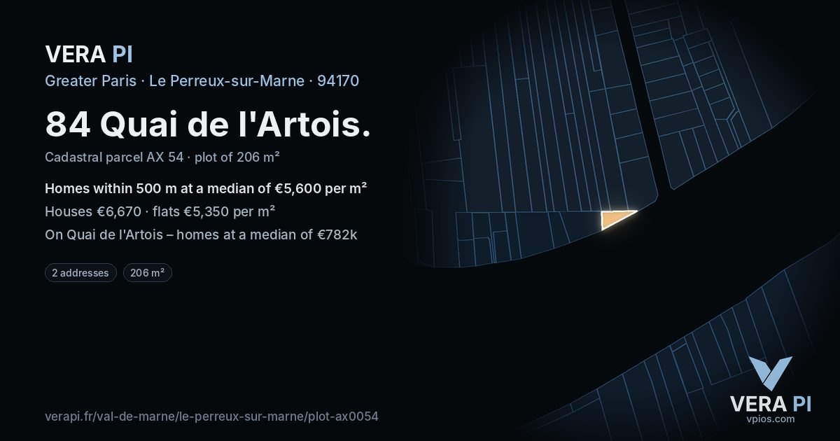 84 Quai de l'Artois, Le Perreux-sur-Marne at night – the plot lit, the parcels around coloured by the prices near them