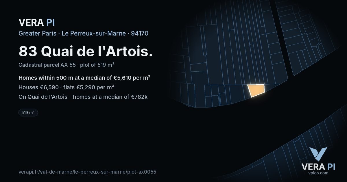 83 Quai de l'Artois, Le Perreux-sur-Marne at night – the plot lit, the parcels around coloured by the prices near them