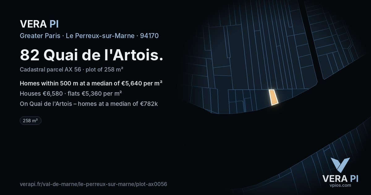 82 Quai de l'Artois, Le Perreux-sur-Marne at night – the plot lit, the parcels around coloured by the prices near them
